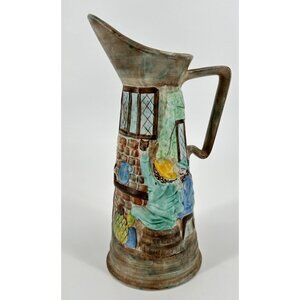 H J Wood LDT Burslem England Hand painted 12" Pitcher Vase Bar Tavern Vintage
